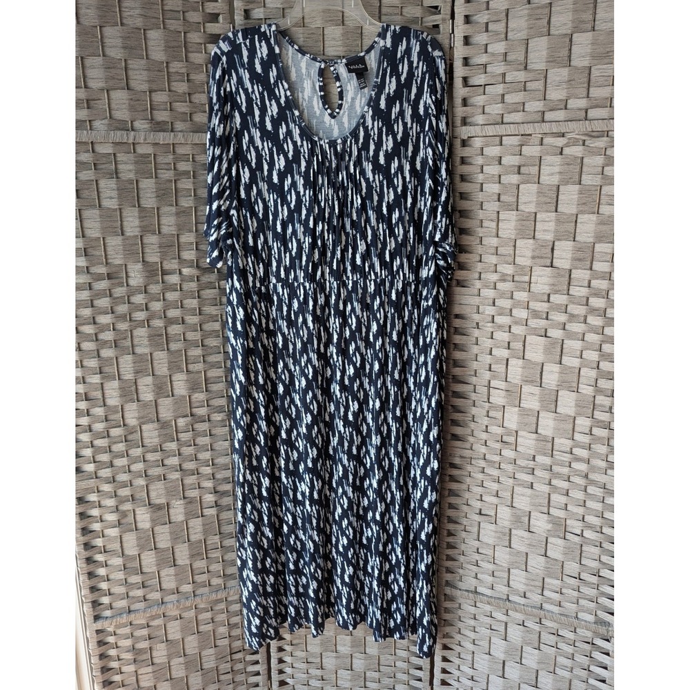 Ulla Popken Midi Dress Navy White Abstract Print Short Sleeve Sz 20/22 Stretch